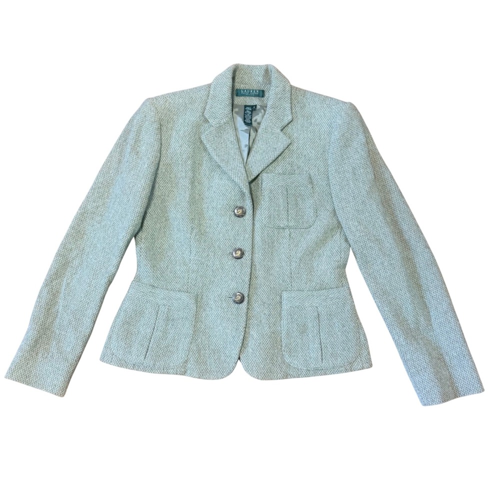 Lauren Ralph Lauren Petite Sage Green Wool Blend Herringbone Blazer Jacket 6P